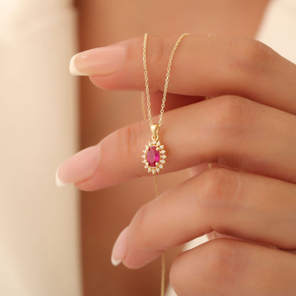 Oval Cut Ruby Necklace with Real Diamonds, 14K Solid Gold, July Birthstone Pendant