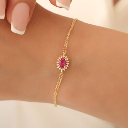 Ruby Oval Bracelet 14K Solid Gold Surrounded by Real Diamonds, July Birthstone Gift