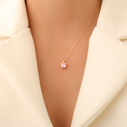 Pink Tourmaline Square Necklace in 14K Solid Gold | October Birthstone Pendant