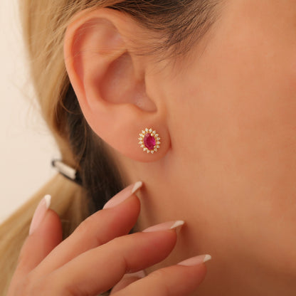 Oval Cut Ruby Stud Earring Surrounded by Real Diamonds, 14K Solid Gold, July Birthstone