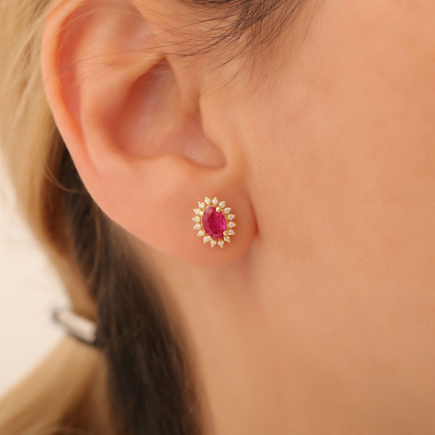 Oval Cut Ruby Stud Earring Surrounded by Real Diamonds, 14K Solid Gold, July Birthstone