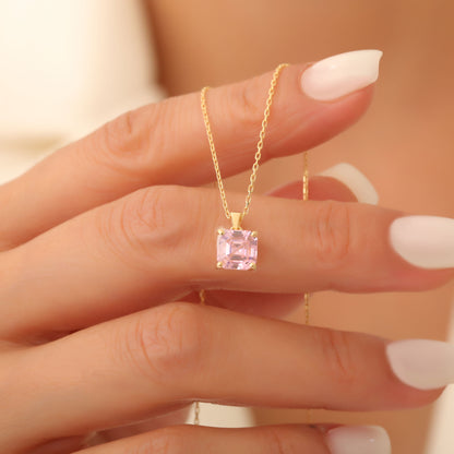 Pink Tourmaline Square Necklace in 14K Solid Gold | October Birthstone Pendant