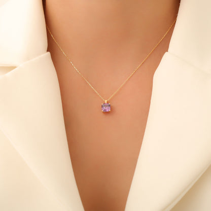 Amethyst Square Necklace in 14K Solid Gold | February Birthstone Pendant