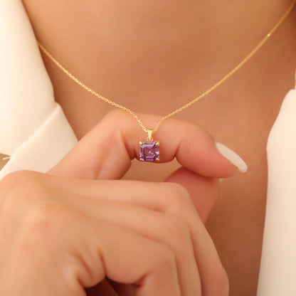 Amethyst Square Necklace in 14K Solid Gold | February Birthstone Pendant