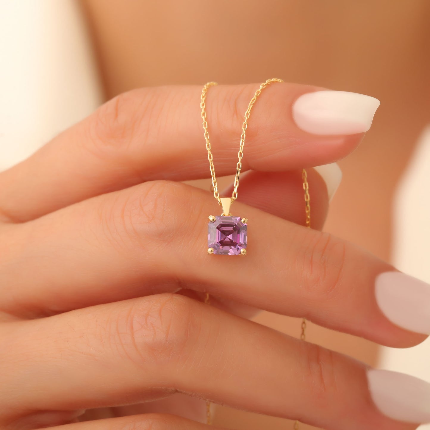 Amethyst Square Necklace in 14K Solid Gold | February Birthstone Pendant