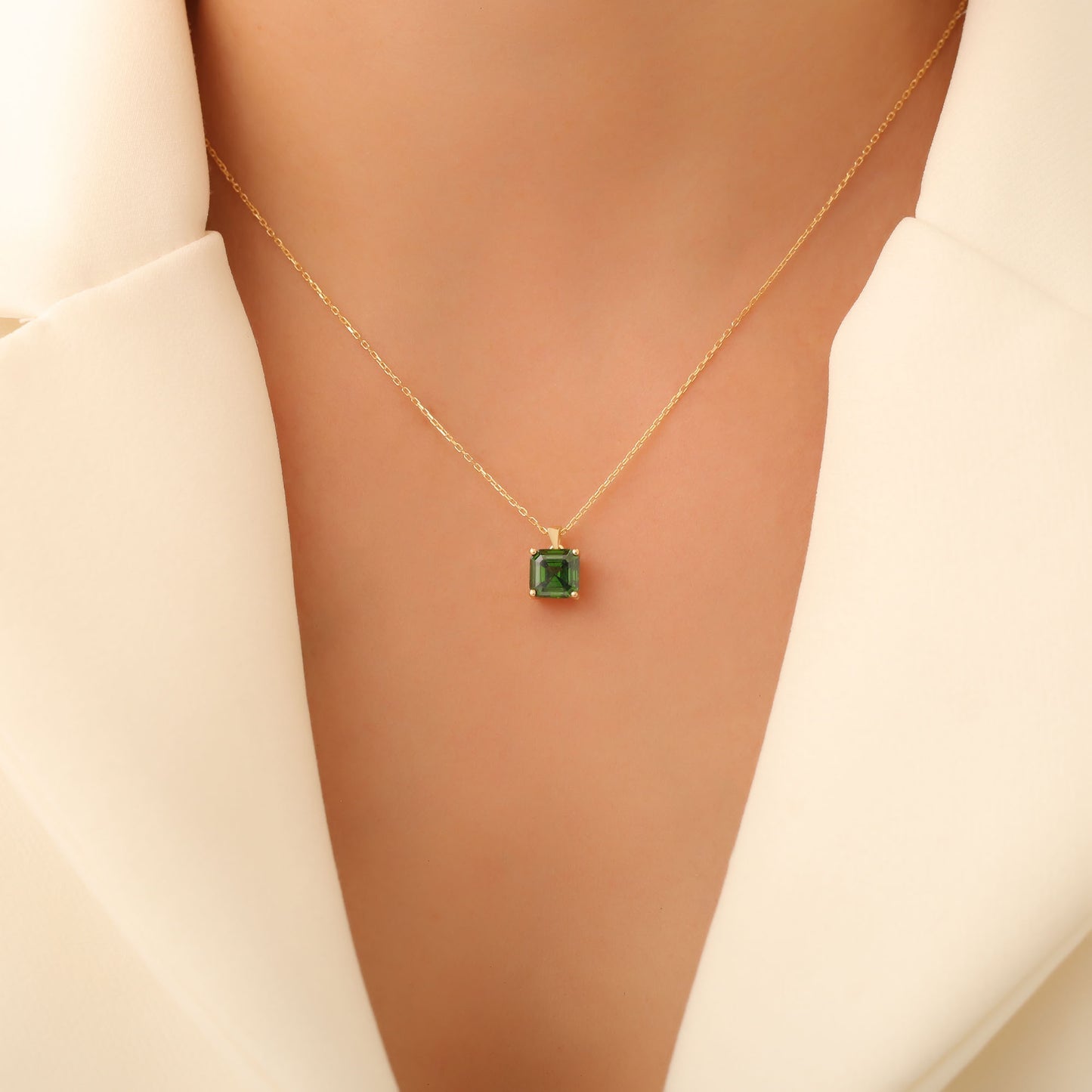 Emerald Square Necklace in 14K Solid Gold | May Birthstone Pendant