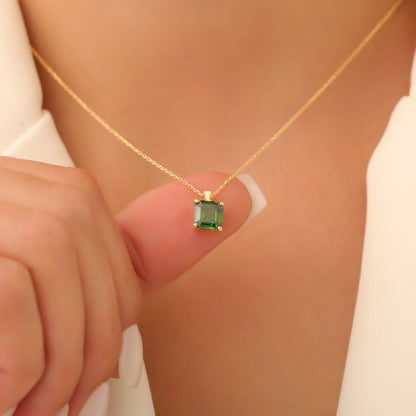 Emerald Square Necklace in 14K Solid Gold | May Birthstone Pendant