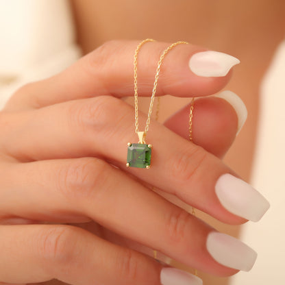 Emerald Square Necklace in 14K Solid Gold | May Birthstone Pendant