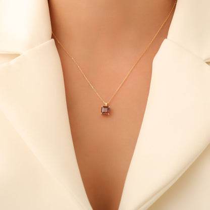 Smoky Quartz Square Necklace in 14K Solid Gold | Birthstone Pendant