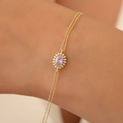 Alexandrite Oval Bracelet 14K Solid Gold Surrounded by Real Diamonds, June Birthstone Gift