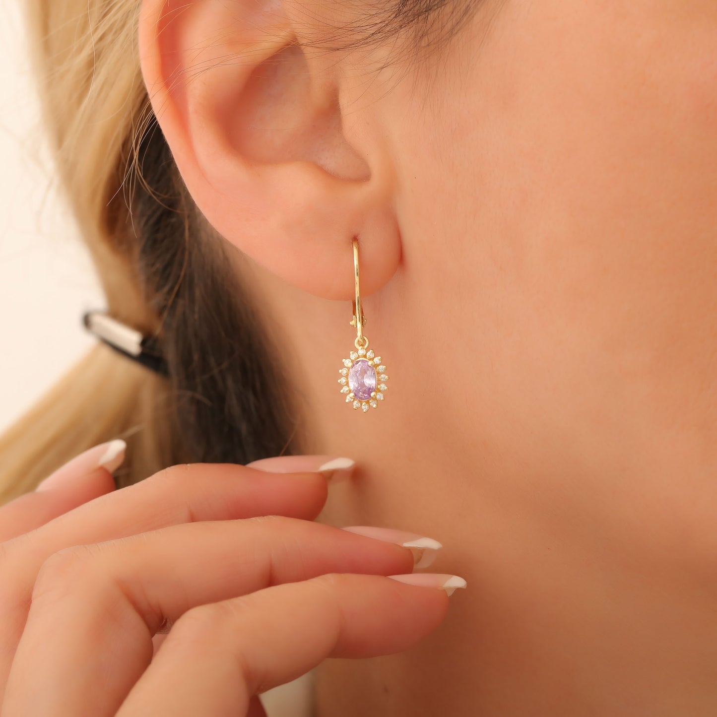 Oval Cut Alexandrite Dangling Earring Surrounded by Real Diamonds, 14K Solid Gold, June Birthstone