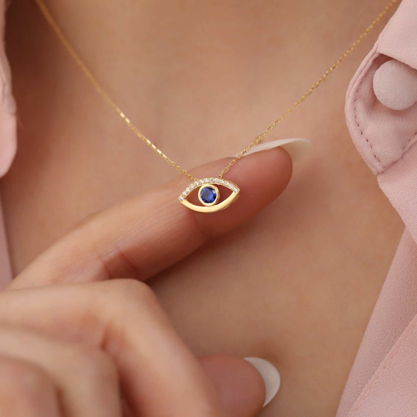 Dark Blue Sapphire Evil Eye Necklace in 14K Solid Gold with Real Diamonds | September Birthstone