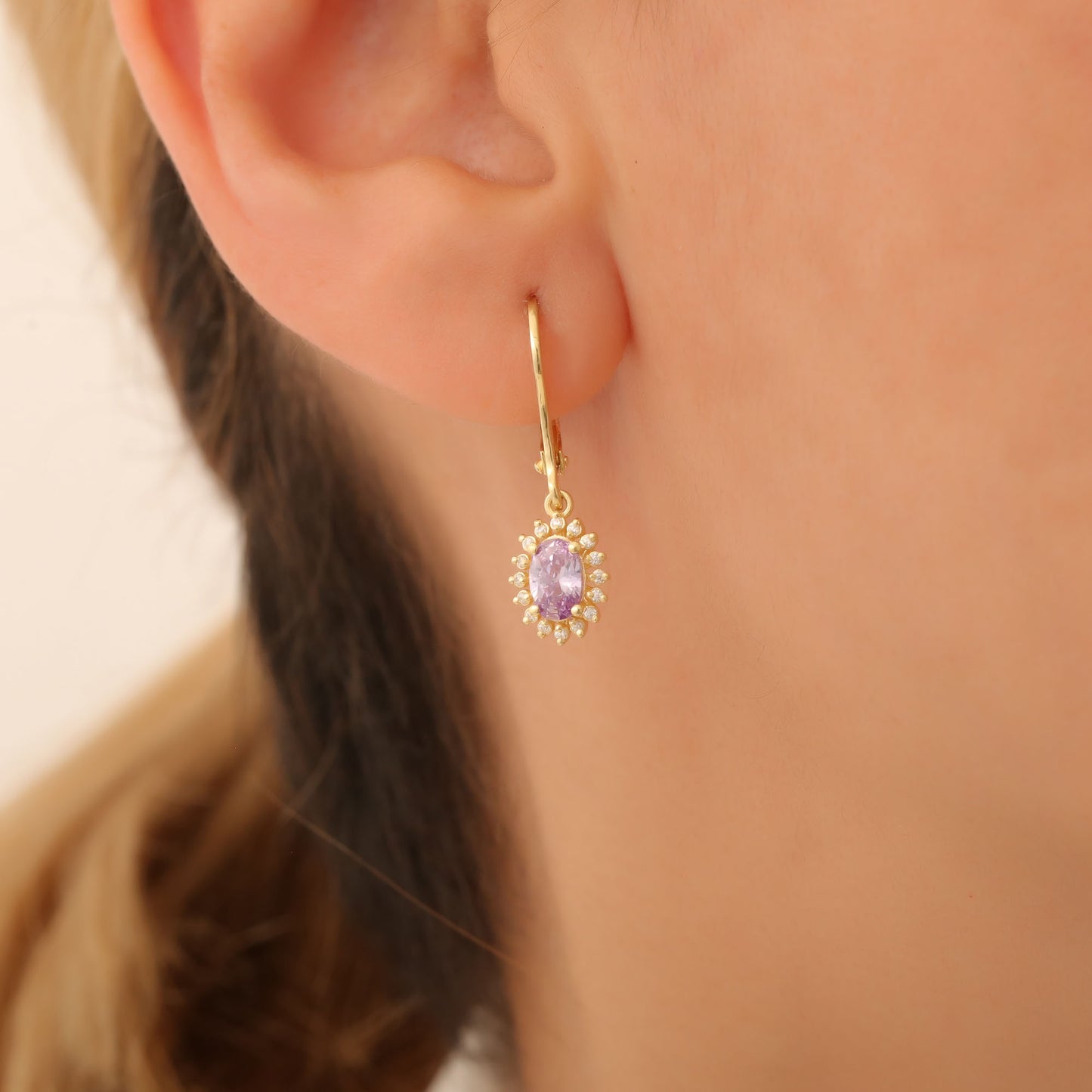 Oval Cut Alexandrite Dangling Earring Surrounded by Real Diamonds, 14K Solid Gold, June Birthstone