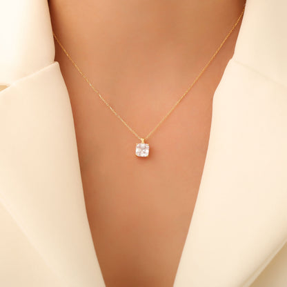 White Topaz Square Necklace in 14K Solid Gold | April Birthstone Pendant