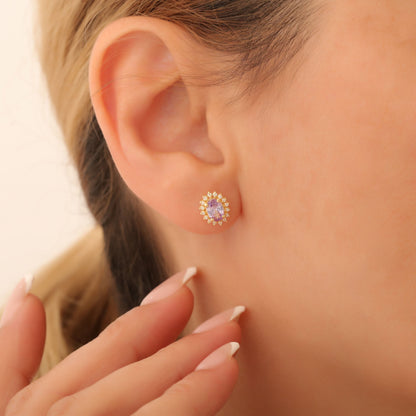 Oval Cut Alexandrite Stud Earring Surrounded by Real Diamonds, 14K Solid Gold, June Birthstone