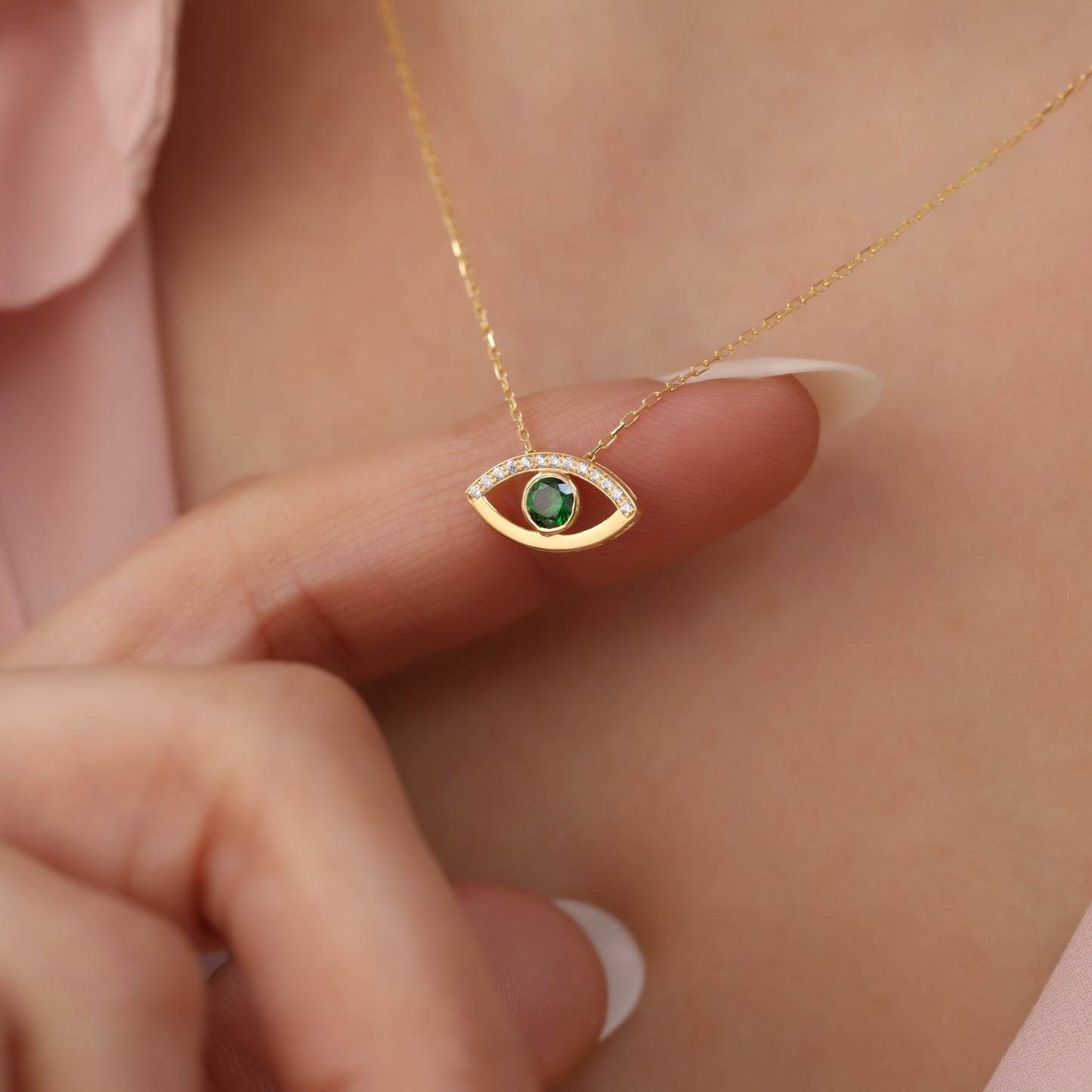 Green Eye Necklace in 14K Solid Gold with Real Diamonds, Emerald Birthstone Jewelry