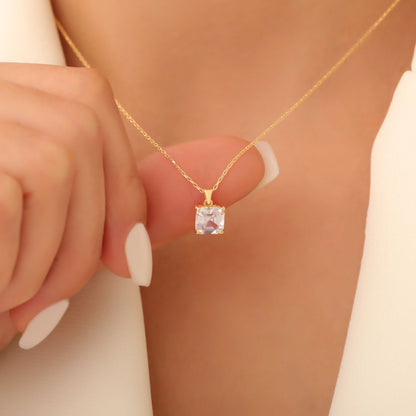 White Topaz Square Necklace in 14K Solid Gold | April Birthstone Pendant