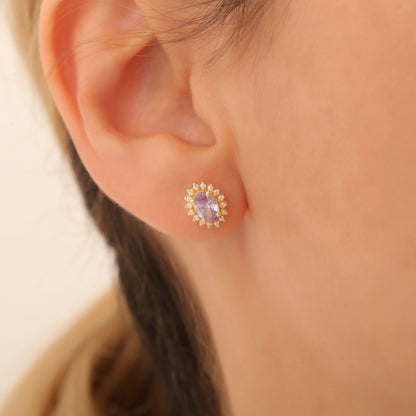 Oval Cut Alexandrite Stud Earring Surrounded by Real Diamonds, 14K Solid Gold, June Birthstone