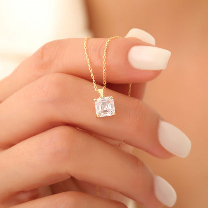 White Topaz Square Necklace in 14K Solid Gold | April Birthstone Pendant