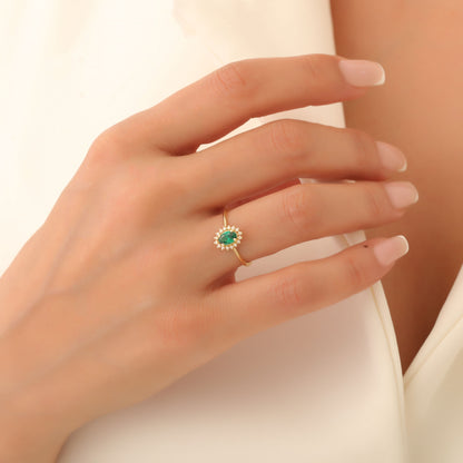 Emerald Oval Ring 14K Solid Gold Surrounded by Real Diamonds, May Birthstone Gift