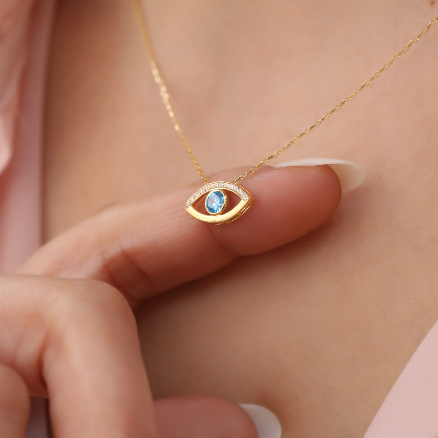 Blue Evil Eye Necklace in 14K Solid Gold with Real Diamonds, Symbol of Protection