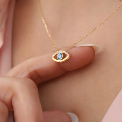 Blue Evil Eye Necklace in 14K Solid Gold with Real Diamonds, Symbol of Protection