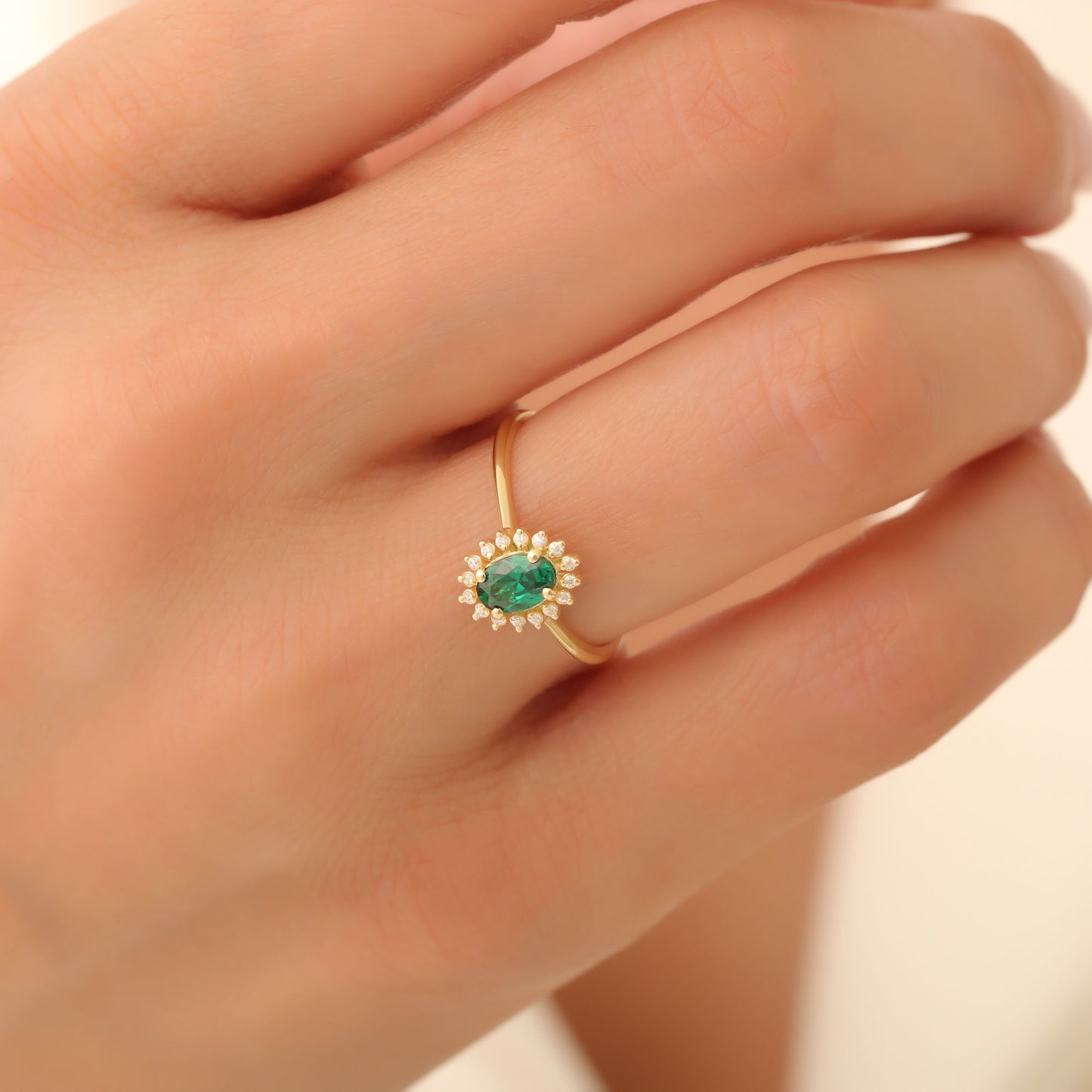 Emerald Oval Ring 14K Solid Gold Surrounded by Real Diamonds, May Birthstone Gift