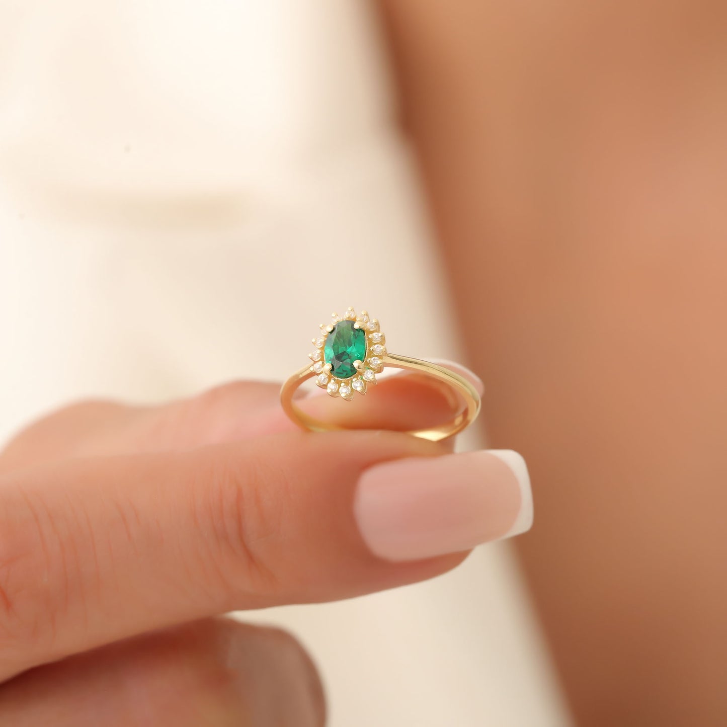 Emerald Oval Ring 14K Solid Gold Surrounded by Real Diamonds, May Birthstone Gift