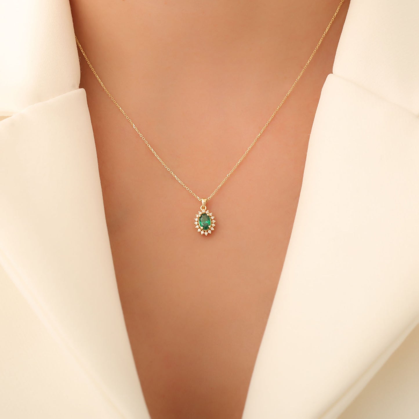 Oval Cut Emerald Necklace with Real Diamonds, 14K Solid Gold, May Birthstone Pendant