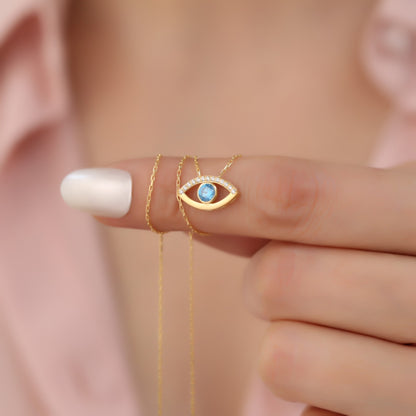 Blue Evil Eye Necklace in 14K Solid Gold with Real Diamonds, Symbol of Protection