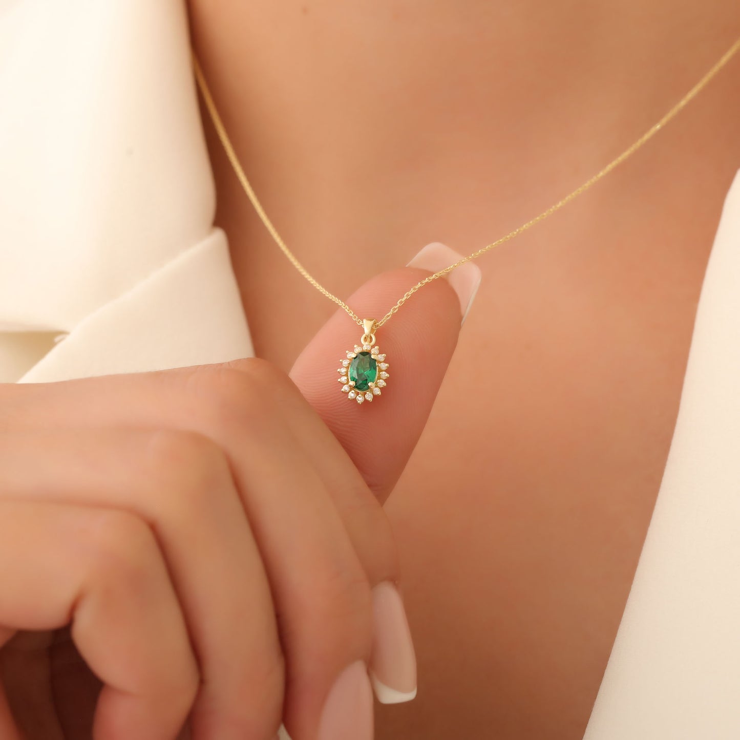 Oval Cut Emerald Necklace with Real Diamonds, 14K Solid Gold, May Birthstone Pendant