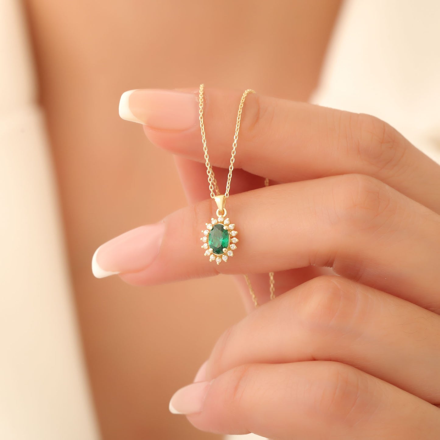 Oval Cut Emerald Necklace with Real Diamonds, 14K Solid Gold, May Birthstone Pendant