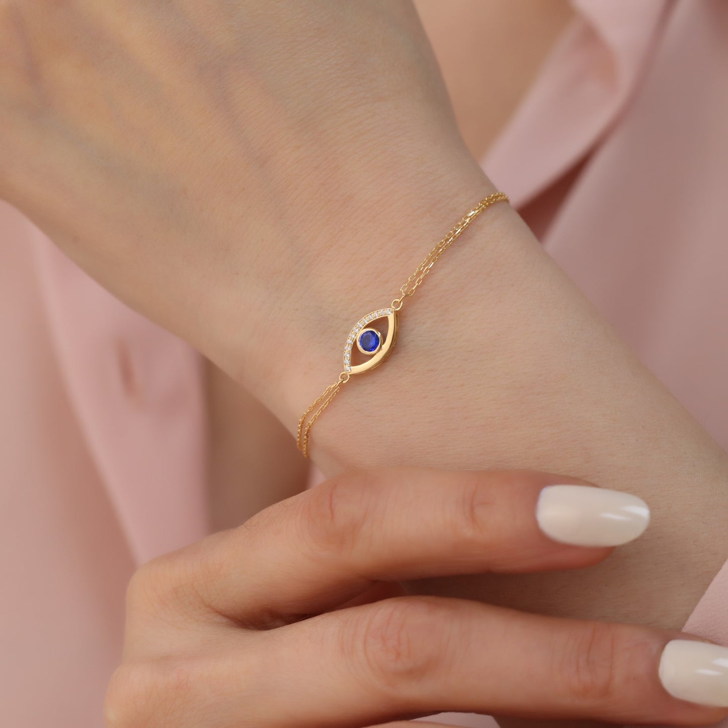 Sapphire Evil Eye Necklace in 14K Solid Gold with Real Diamonds, Dark Blue Protection Amulet