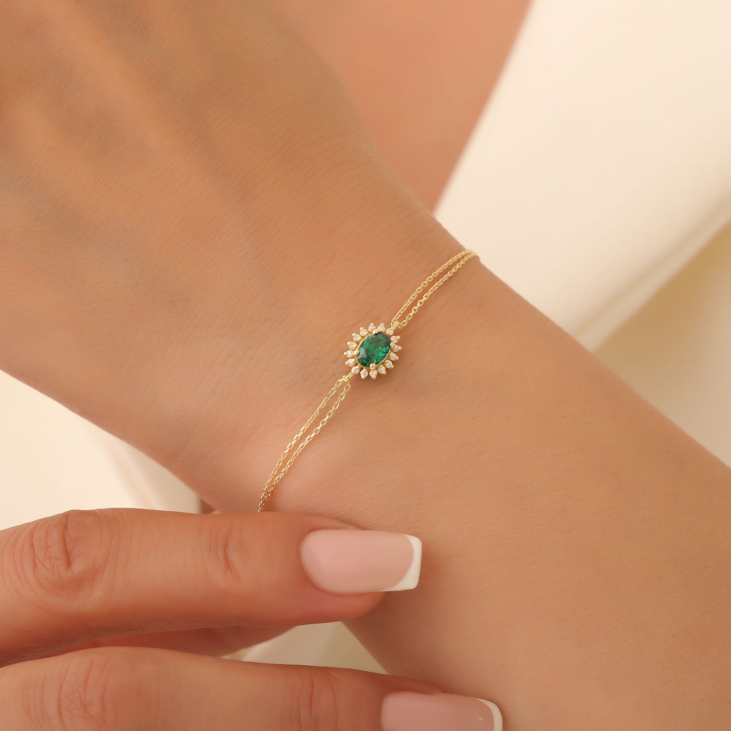 Emerald Oval Bracelet 14K Solid Gold Surrounded by Real Diamonds, May Birthstone Gift