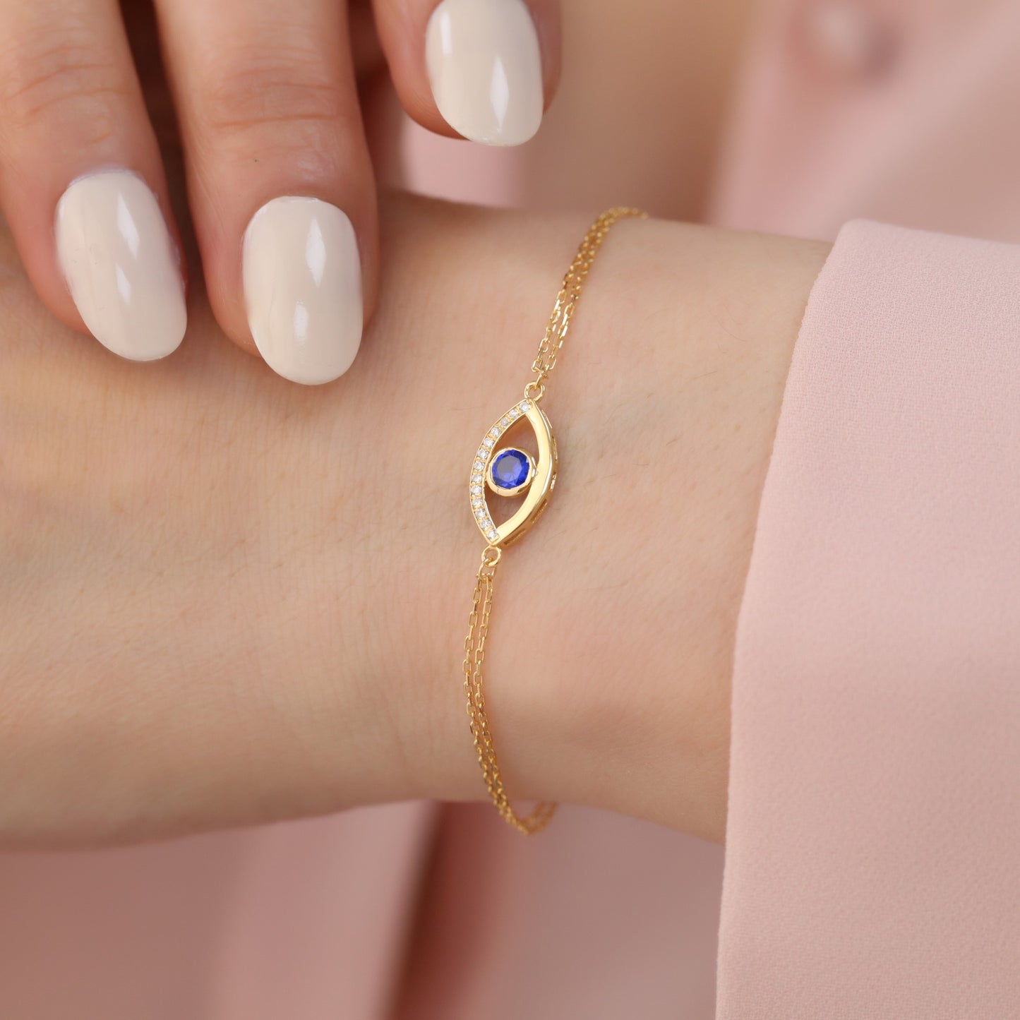 Sapphire Evil Eye Necklace in 14K Solid Gold with Real Diamonds, Dark Blue Protection Amulet