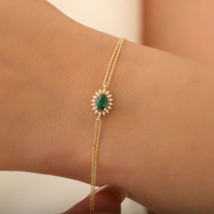 Emerald Oval Bracelet 14K Solid Gold Surrounded by Real Diamonds, May Birthstone Gift