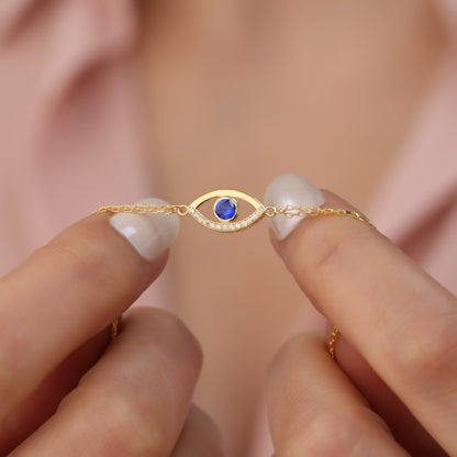 Sapphire Evil Eye Necklace in 14K Solid Gold with Real Diamonds, Dark Blue Protection Amulet