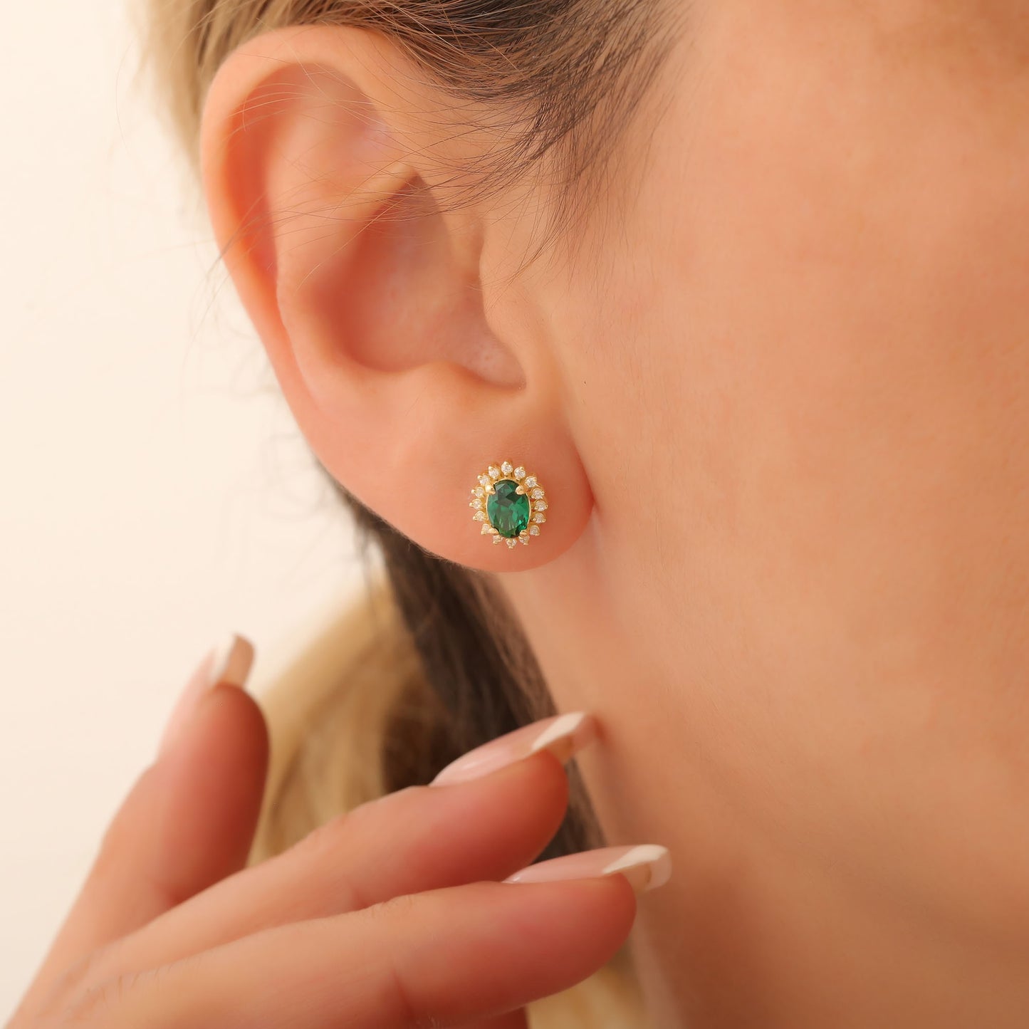 Oval Cut Emerald Stud Earring Surrounded by Real Diamonds, 14K Solid Gold, May Birthstone