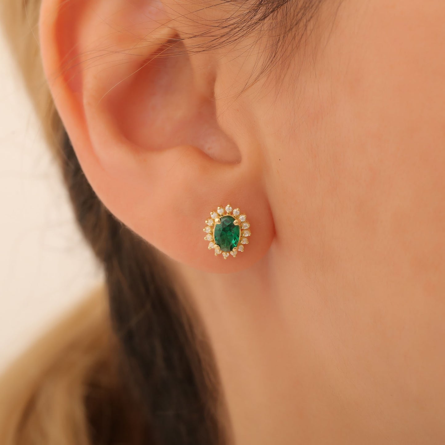 Oval Cut Emerald Stud Earring Surrounded by Real Diamonds, 14K Solid Gold, May Birthstone