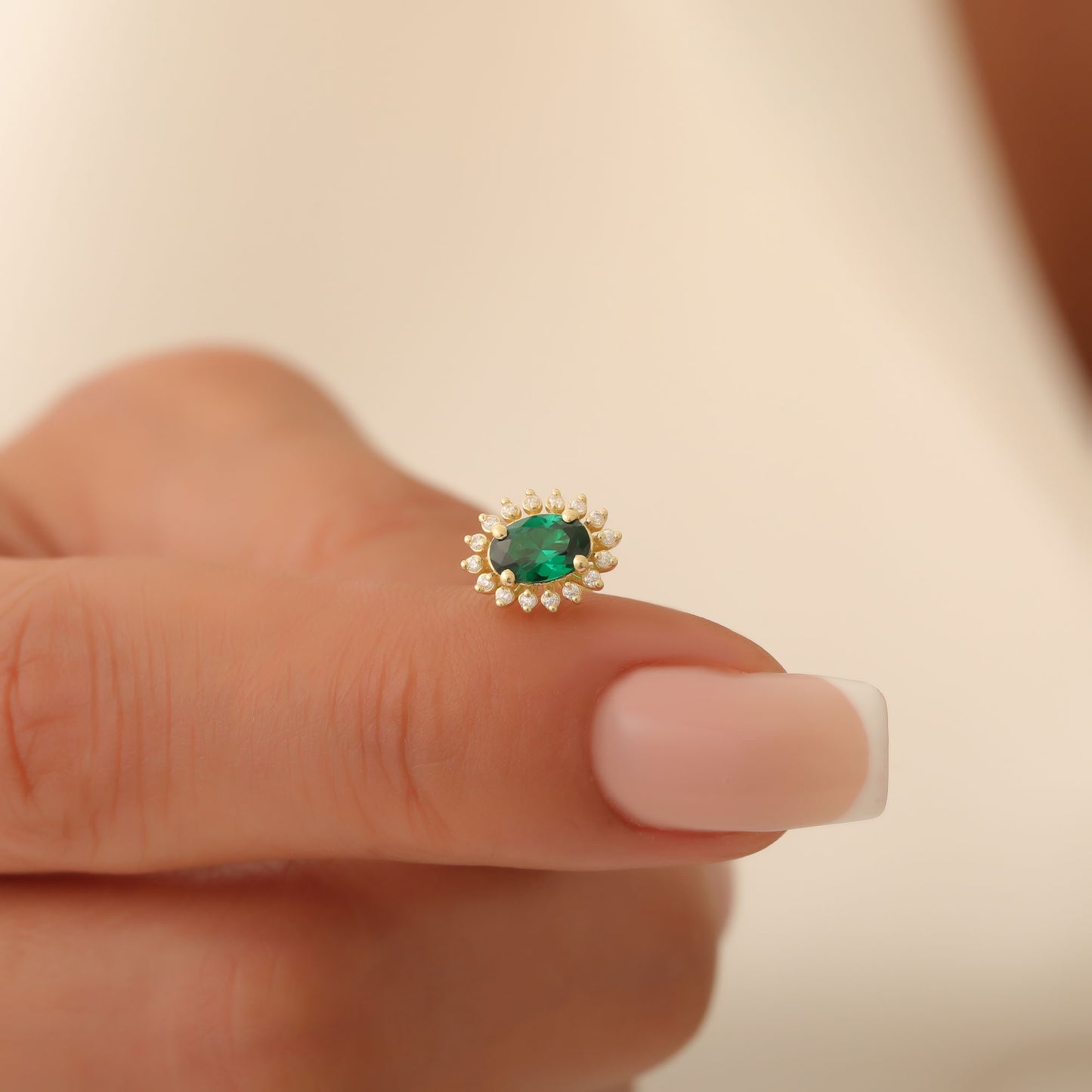 Oval Cut Emerald Stud Earring Surrounded by Real Diamonds, 14K Solid Gold, May Birthstone