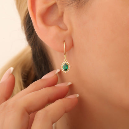 Oval Cut Emerald Dangling Earring Surrounded by Real Diamonds, 14K Solid Gold, May Birthstone