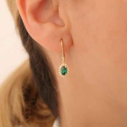 Oval Cut Emerald Dangling Earring Surrounded by Real Diamonds, 14K Solid Gold, May Birthstone