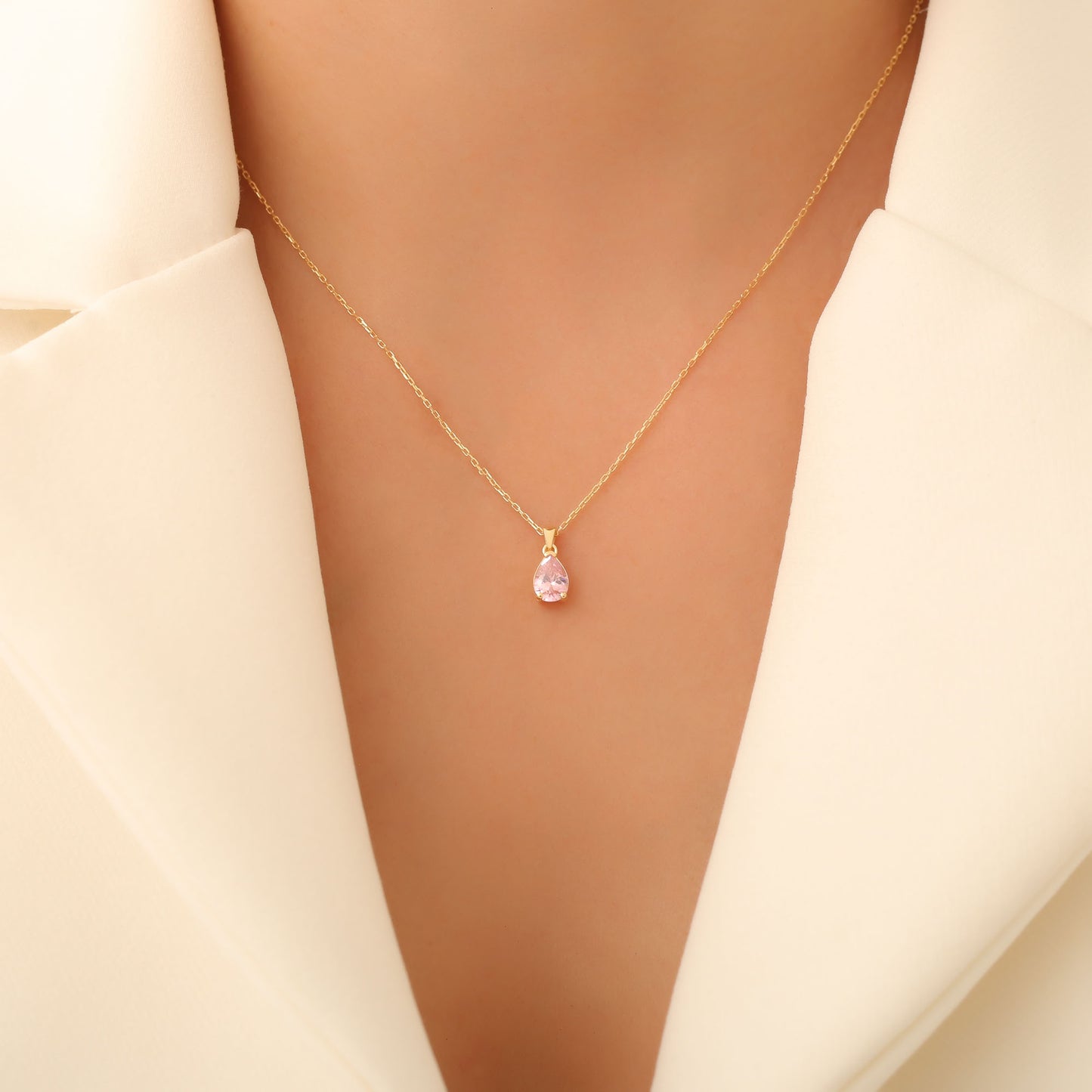 Drop Pink Tourmaline Necklace in 14K Solid Gold, October Birthstone Pendant