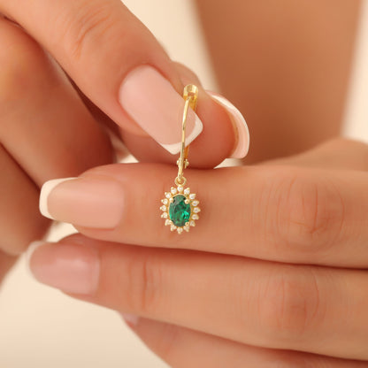 Oval Cut Emerald Dangling Earring Surrounded by Real Diamonds, 14K Solid Gold, May Birthstone