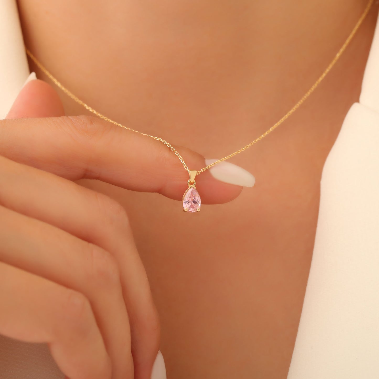 Drop Pink Tourmaline Necklace in 14K Solid Gold, October Birthstone Pendant