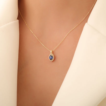 Oval Cut Sapphire Necklace with Real Diamonds, 14K Solid Gold, September Birthstone Pendant