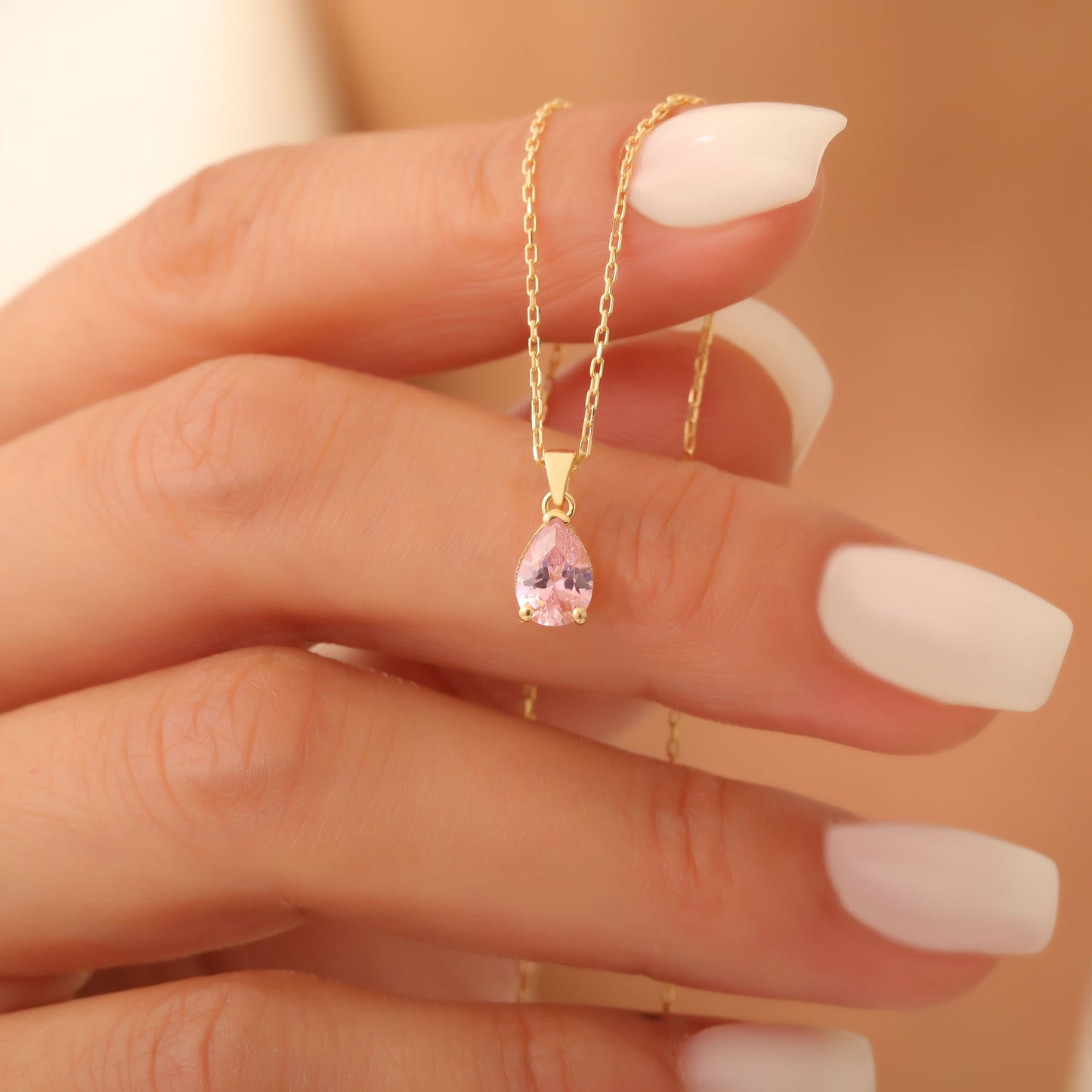 Drop Pink Tourmaline Necklace in 14K Solid Gold, October Birthstone Pendant