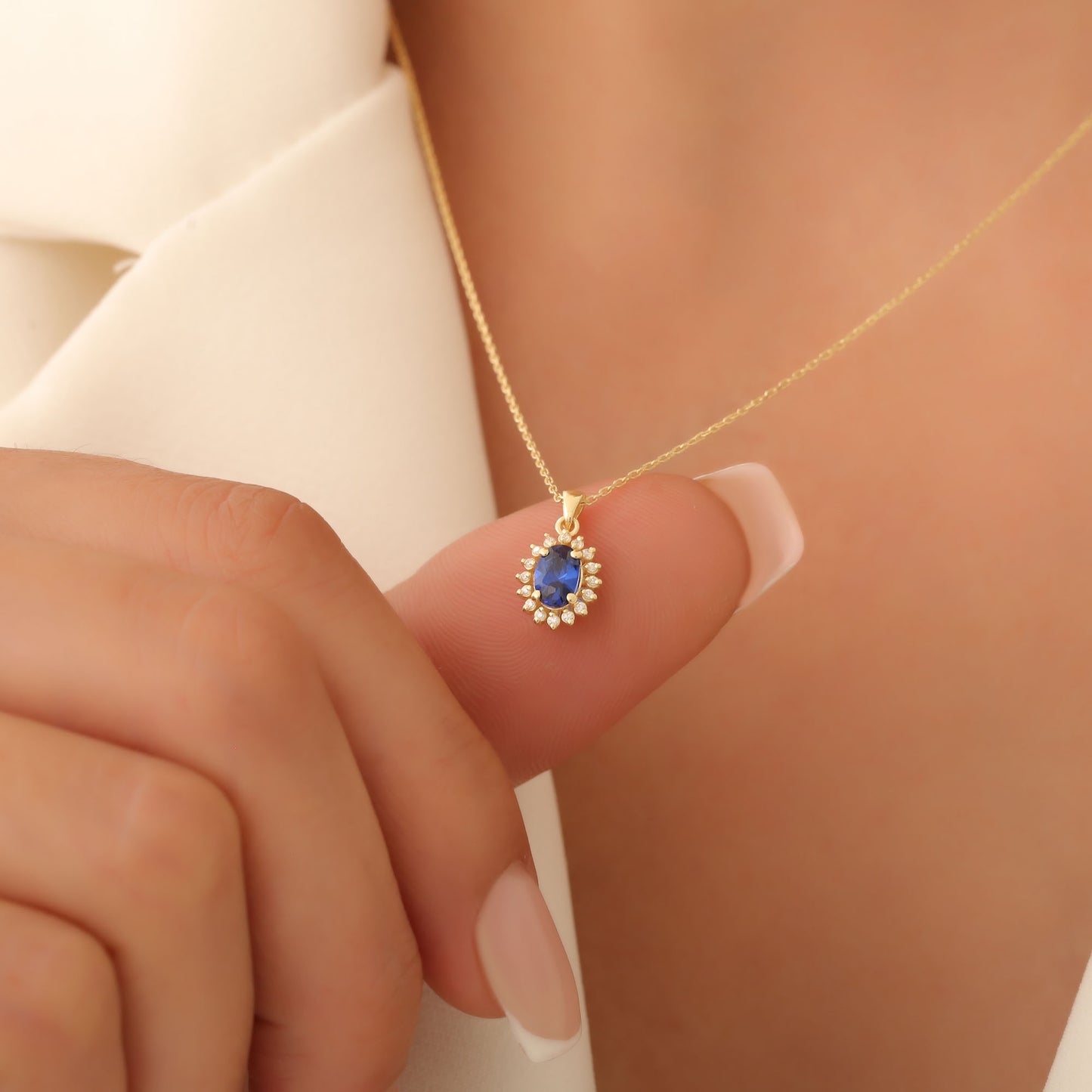 Oval Cut Sapphire Necklace with Real Diamonds, 14K Solid Gold, September Birthstone Pendant