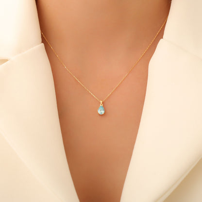 Drop Aquamarine Necklace in 14K Solid Gold, March Birthstone Pendant