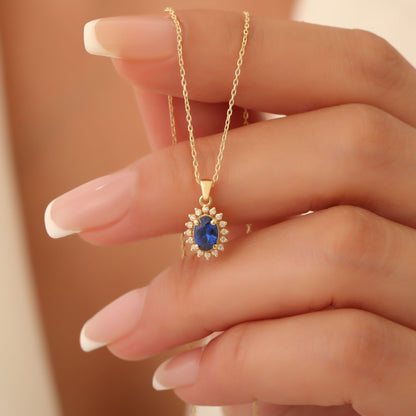 Oval Cut Sapphire Necklace with Real Diamonds, 14K Solid Gold, September Birthstone Pendant